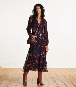 Lange jurk van viscose/zijde voile met blauwe print