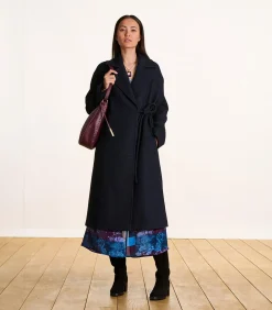 Lange oversized marineblauwe wollen jas