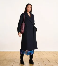 Lange oversized marineblauwe wollen jas