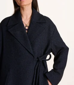 Lange oversized marineblauwe wollen jas