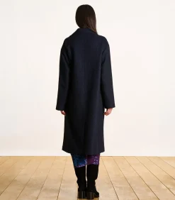 Lange oversized marineblauwe wollen jas