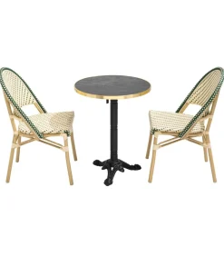 Liggende zwartmarmeren terrastafel van 60 cm en 2 groene stoelen