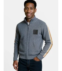 Marineblauwe herentrui met gekleurde strepen