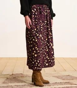 Midi rok met knopen in bordeaux met print