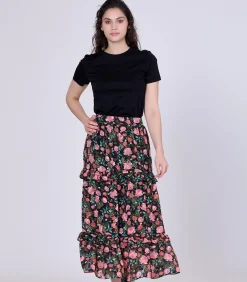 Midi-rok met bloemenprint en gelaagde ruches