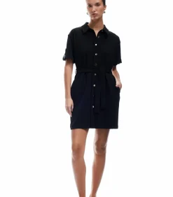Mini-jurk Polo Kraag Korte Mouwen Zwarte Knoopsluiting