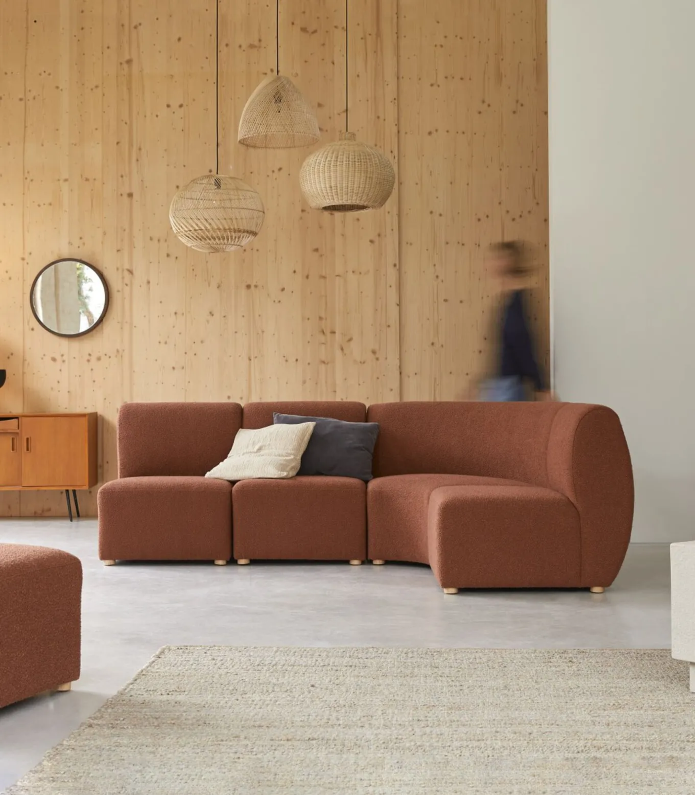 Modulaire 4-zitshoekbank Swann van massief acacia en terracotta stof