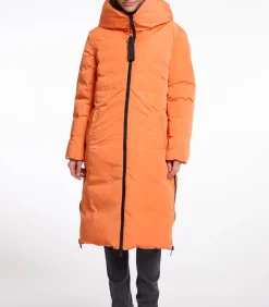 Omkeerbare lange jas met capuchon Chocoladeboon en oranje 34
