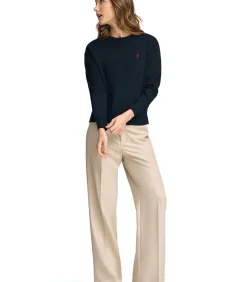 Pack van twee damestruien van wolmix in marineblauw en lichtbruin met geborduurd Rigby Go-logo