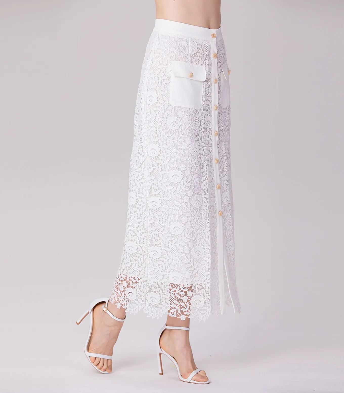 Rechte midi-rok met kant en middenknopen