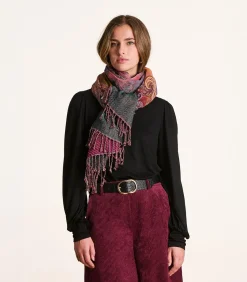 Rode sjaal met geweven patroon van katoen en wol