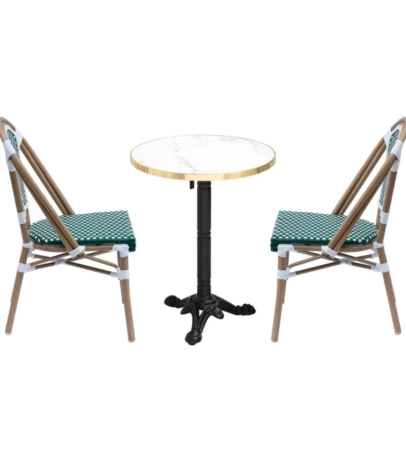 Set van wit marmeren verstelbare terrastafel en 2 groene stoelen