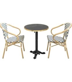 Set van zwart marmeren terrastafel en 2 blauwe stoelen