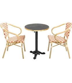 Set van zwart marmeren terrastafel en 2 rode stoelen