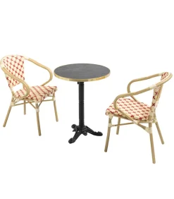 Set van zwart marmeren terrastafel en 2 rode stoelen