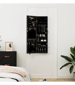 Sieradenkast met spiegel en LED wandgemonteerd zwart