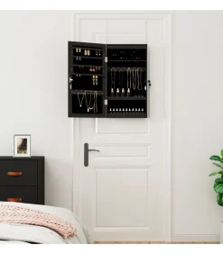 Sieradenkast met spiegel en LED wandgemonteerd zwart