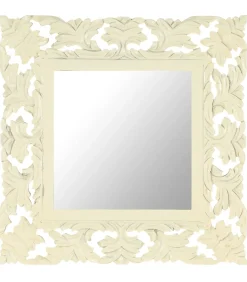 Spiegel handgesneden 50x50 cm massief mangohout wit