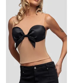 Tanktop “Nude Mesh Sleeveless Taffeta Bow Top”