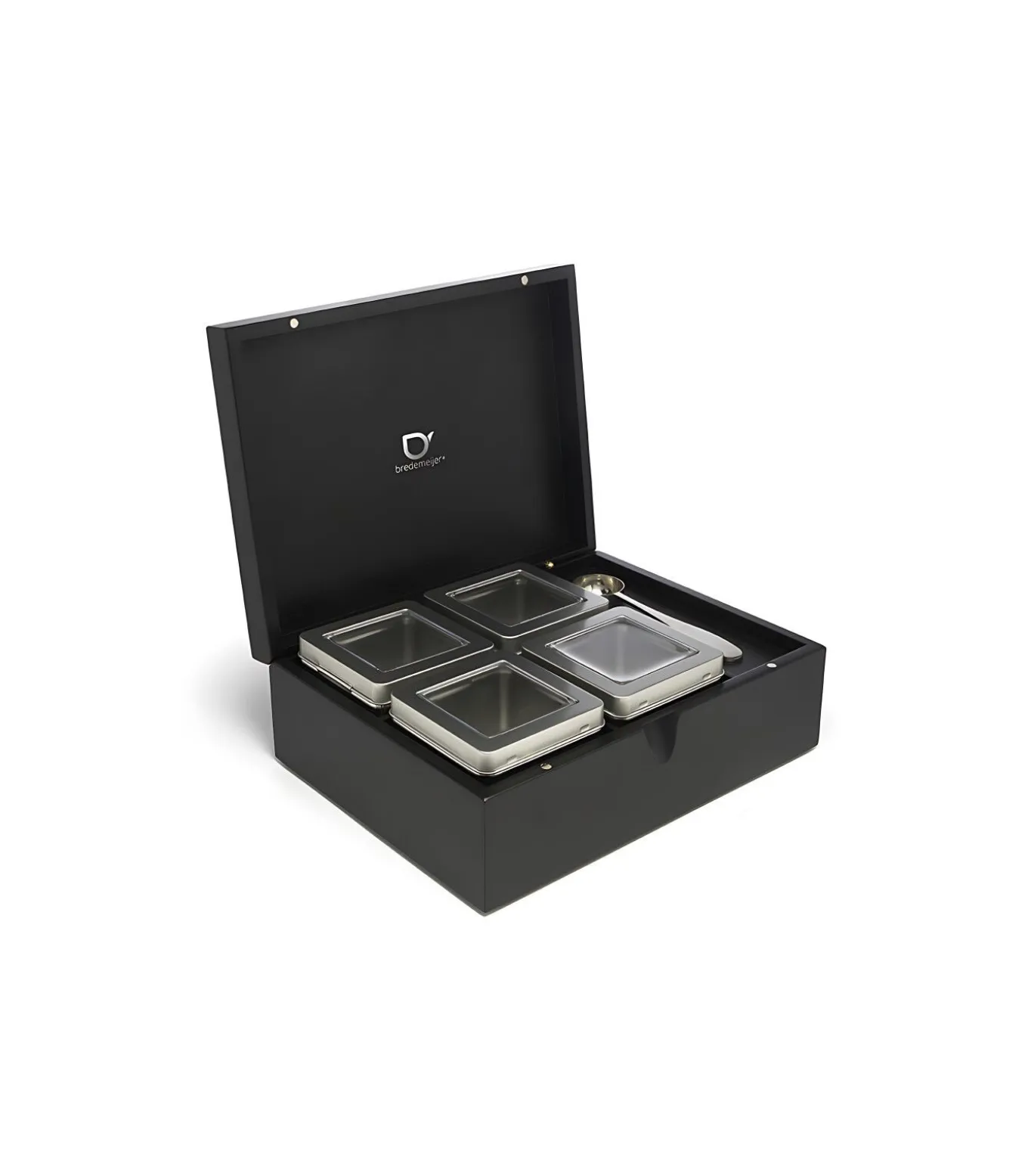 Theedoos Bamboe met 4 blikjes en theemaatlepel, zwart