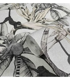 Topchic Behang Monkey Jungle Leaves grijs en zwart