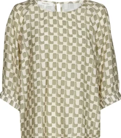 Vlot bloesje met print in olijfkleur en ecru