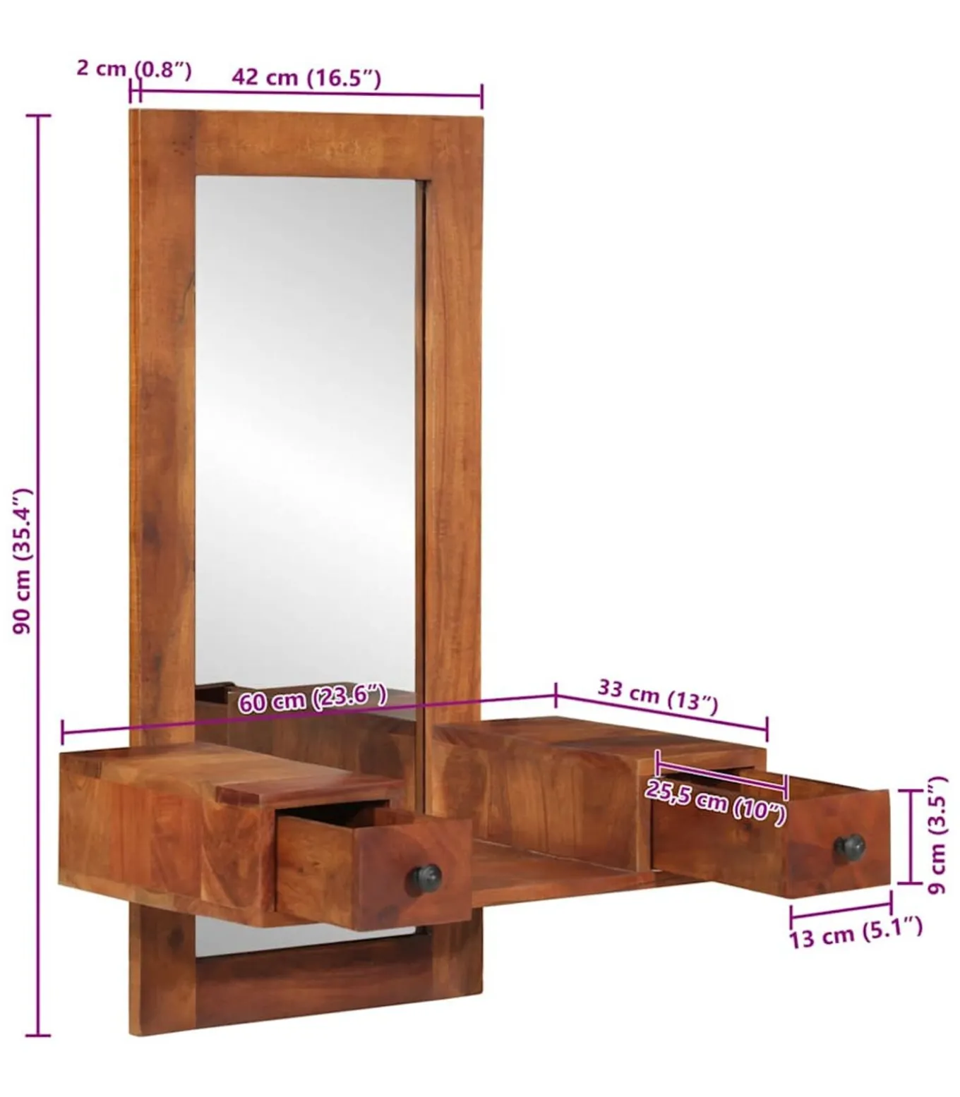 Wandspiegel met lades 60x33x90 cm massief acaciahout