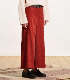 Wijde cropped broek van terracotta ribfluweel