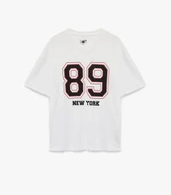 Wit Herenshirt Korte Mouwen V-hals Bedrukt