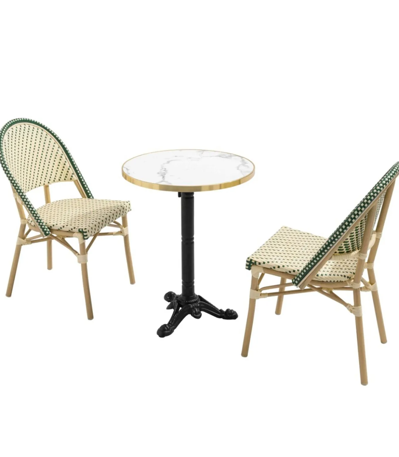 Witte marmeren liggende terrastafel van 60 cm en 2 groene stoelen