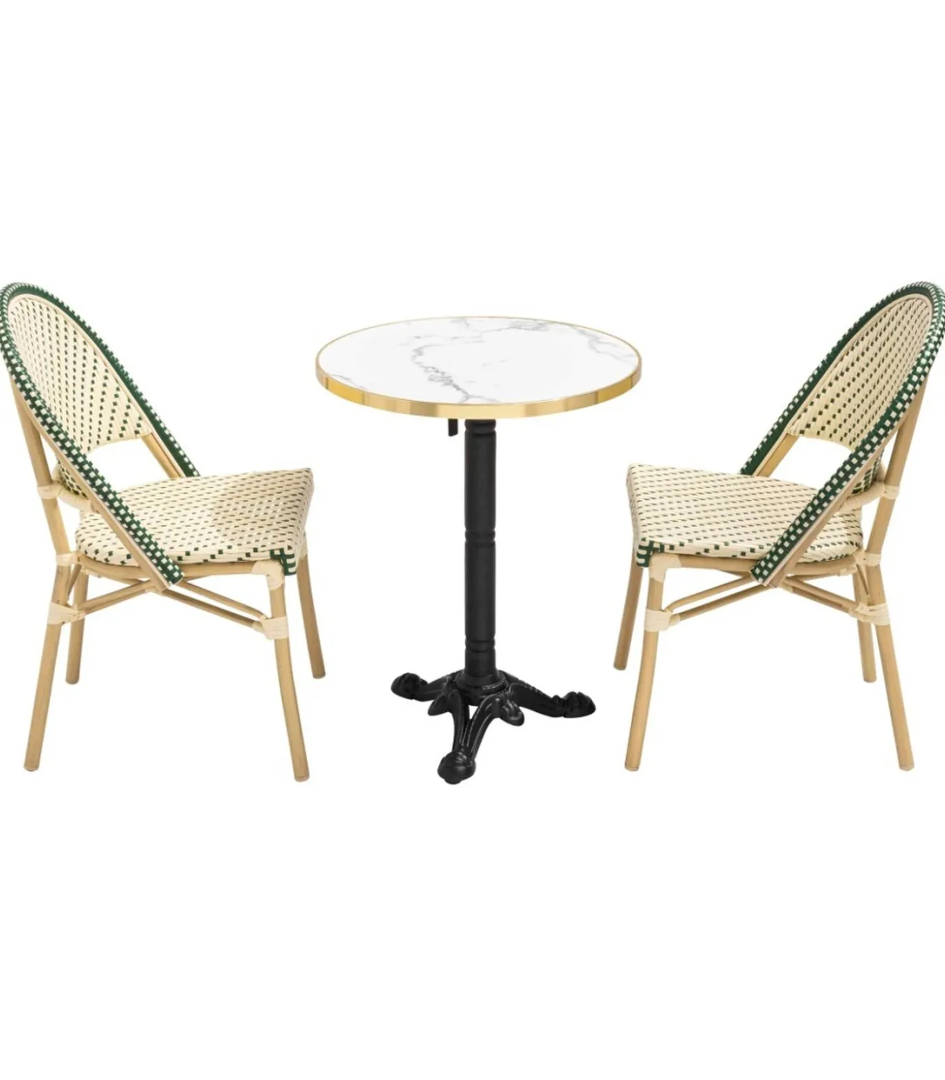 Witte marmeren liggende terrastafel van 60 cm en 2 groene stoelen