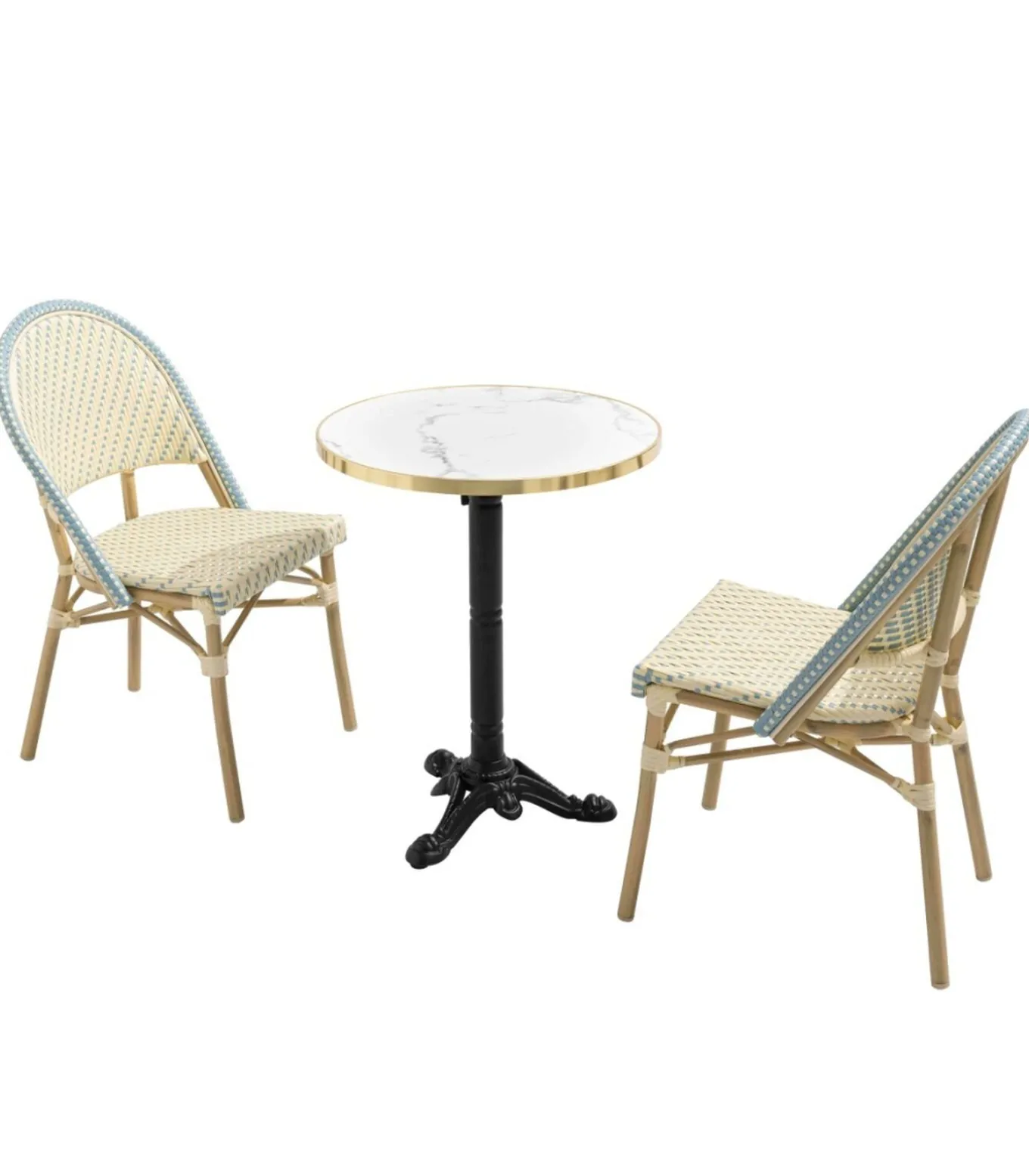 Witte marmeren liggende terrastafel van 60 cm en 2 blauwe stoelen