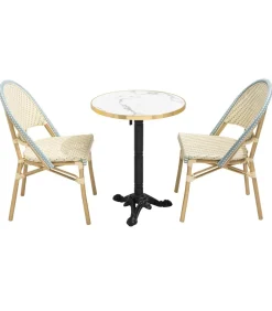 Witte marmeren liggende terrastafel van 60 cm en 2 blauwe stoelen