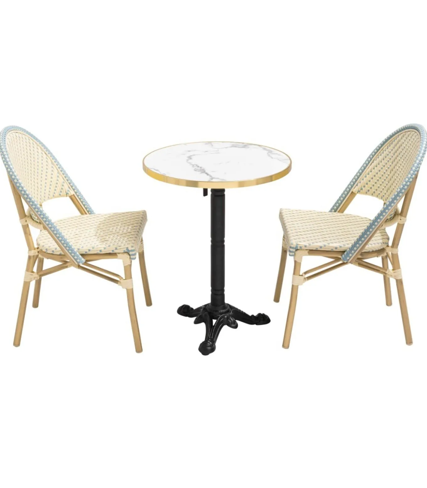 Witte marmeren liggende terrastafel van 60 cm en 2 blauwe stoelen