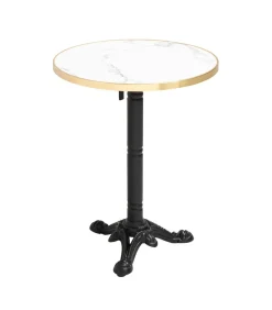 Witte marmeren liggende terrastafel van 60 cm en 2 blauwe stoelen