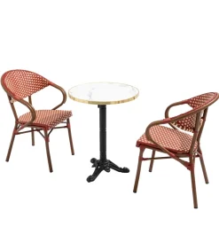 Witte marmeren terrastafel van 60 cm en 2 rode stoelen