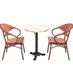 Witte marmeren terrastafel van 60 cm en 2 rode stoelen