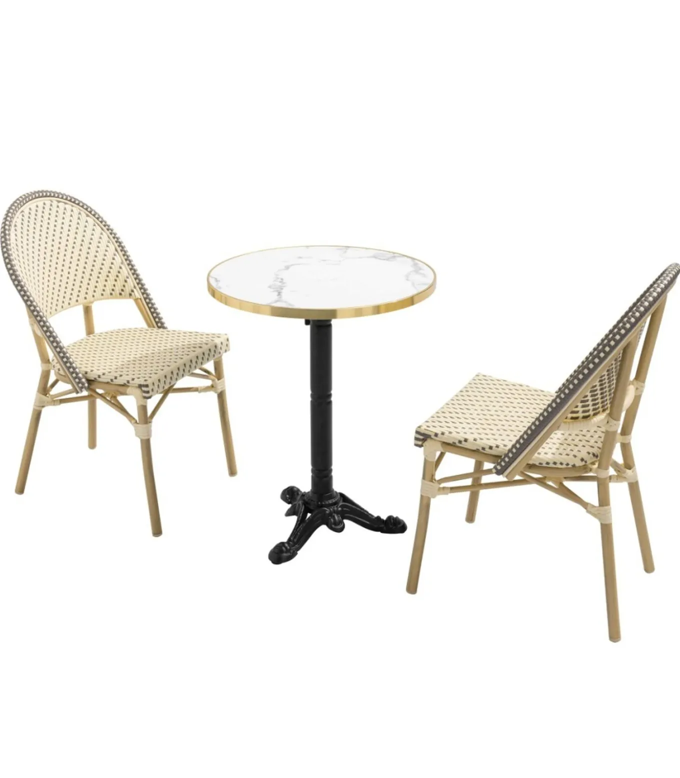 Witte marmeren terrastafel van 60 cm en 2 grijze stoelen