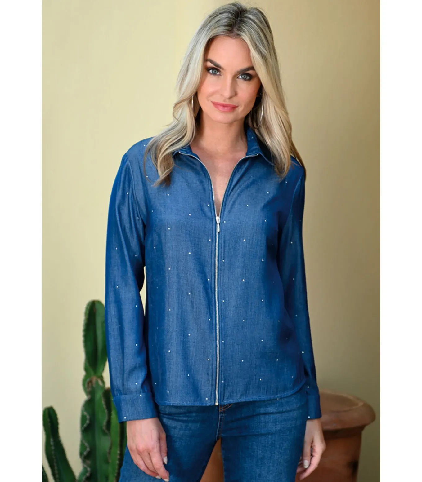 YOPAL Shirt met ritssluiting en strass-effect in denimlook