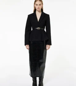 Zwarte Lange Blazer Knoopdetail Ceintuur