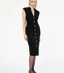 Zwarte Midi-jurk V-hals Knopen Mouwloos